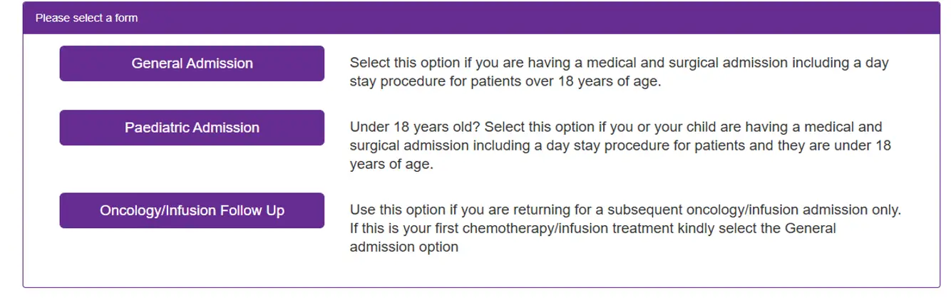 Patient Online Admission Form Guide for Adeney Private Hospital labelling different types of admission