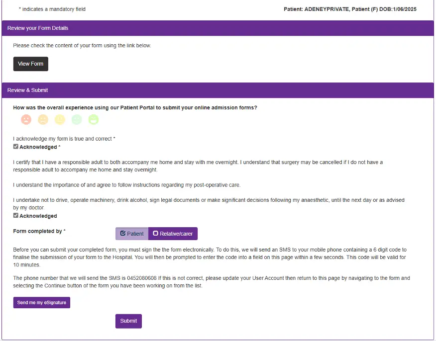 Patient Online Admission Form Guide for Adeney Private Hospital