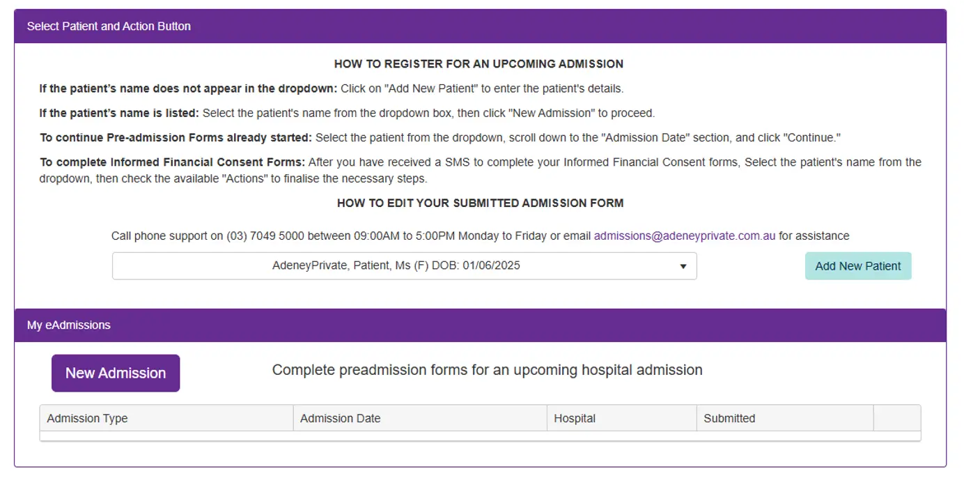 Patient Online Admission Form Guide for Adeney Private Hospital showing how to register