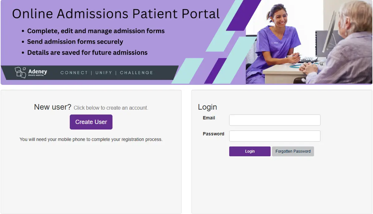 Screenshot of Portal for Patient Online Admission Form for Adeney Private Hospital